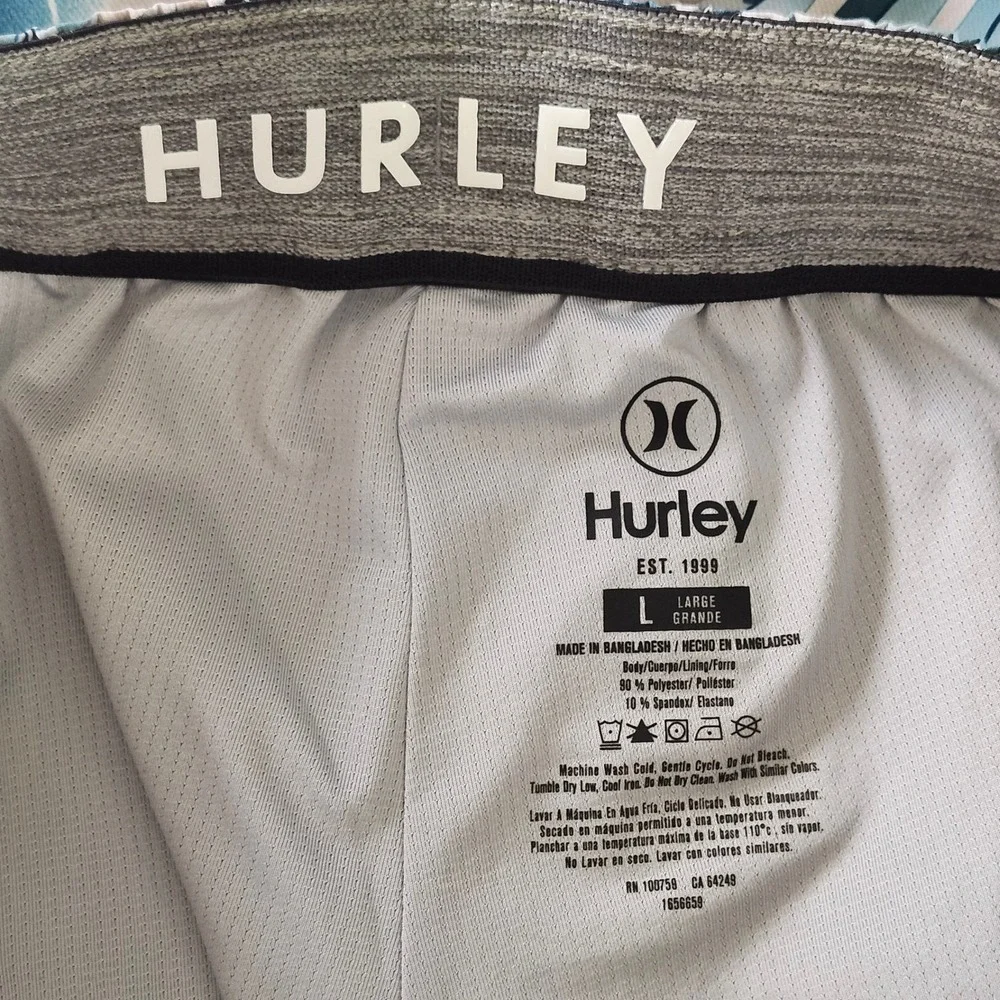 Hurley Lined Swim Trunks Mens Large Tropical‎ Palm Leaf Print Green Cream Shorts